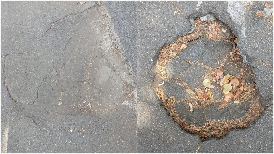 Două fotografii suprapuse prezintă suprafețe de asfalt deteriorate, având crăpături și o groapă adâncă umplută cu resturi vegetale uscate.