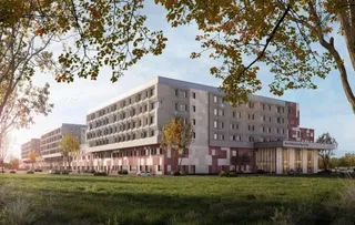O reprezentare arhitecturală a unui complex de clădiri moderne cu ferestre multiple, situat pe un teren cu iarbă și copaci sub un cer senin.