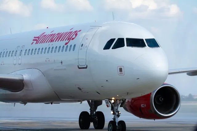 Un avion alb cu inscripția Anima Wings este parcat pe o pistă sub un cer înnorat.