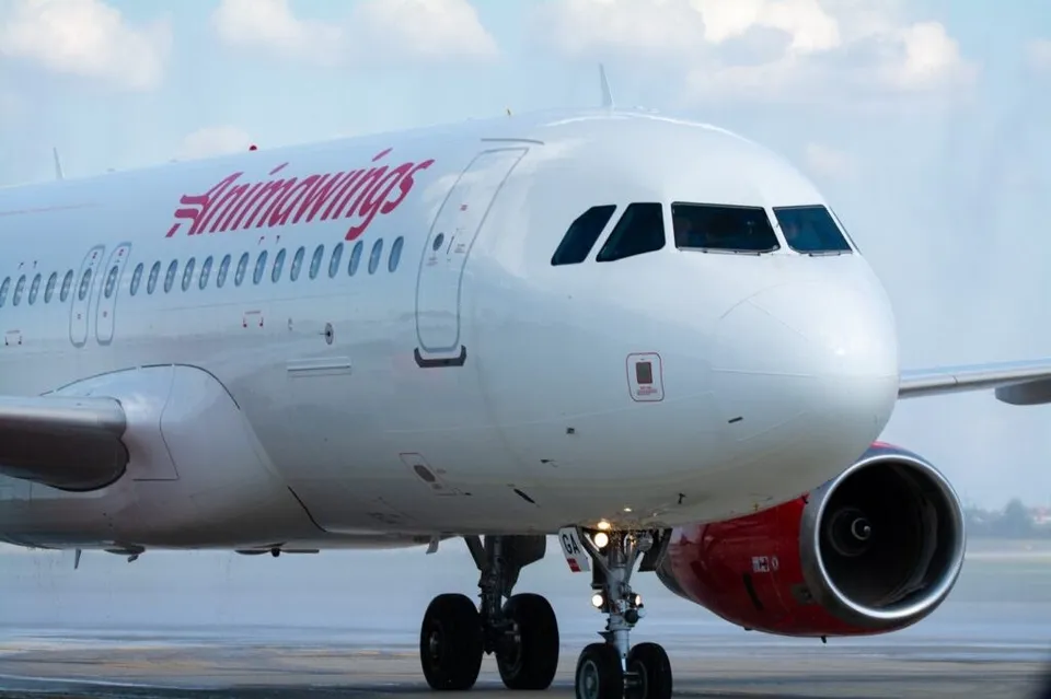Un avion alb cu inscripția Anima Wings este parcat pe o pistă sub un cer înnorat.
