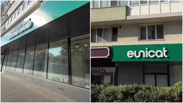 Două imagini prezintă fațada unui magazin cu un afiș albastru și alb pe care scrie second hand și un panou verde cu textul eunicat.