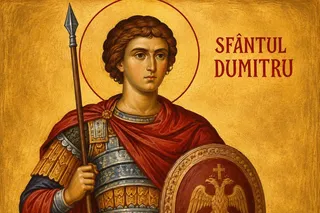 O pictoră ortodoxă reprezintă Sfântul Dumitru în armură, ținând o lance în mână dreapta și un scut rotund cu un dublu crucifix în mână stângă, pe un fundal auriu.