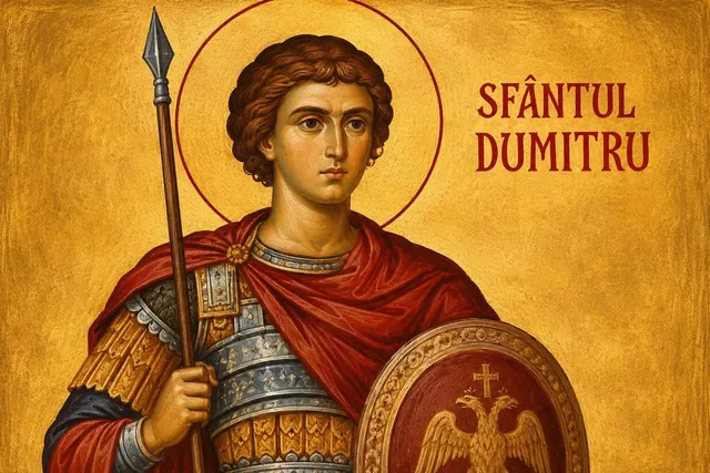 O pictoră ortodoxă reprezintă Sfântul Dumitru în armură, ținând o lance în mână dreapta și un scut rotund cu un dublu crucifix în mână stângă, pe un fundal auriu.