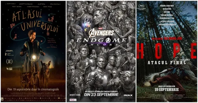 Trei afișe de filme sunt dispuse alăturate, prezentând personaje, titluri și date de lansare pe fundaluri întunecate.