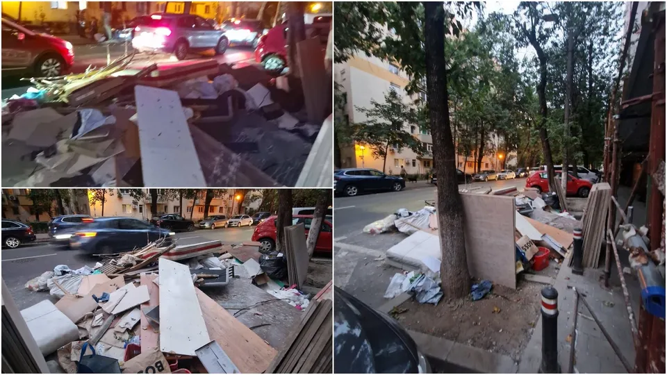 Deșeuri, saltele și plăci de materiale de construcție sunt împrăștiate pe un drum asfaltat lângă un trotuar și un copac.