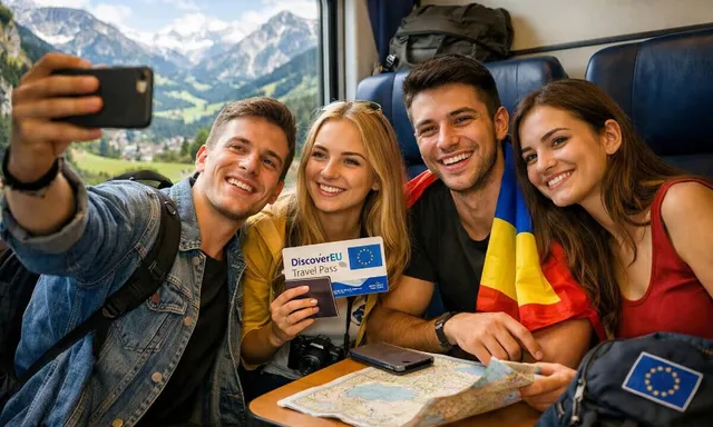 Patru tineri zâmbesc într-un tren, un bărbat făcând un selfie, în timp ce o femeie ține un card DiscoverEU și o hartă pe masă.