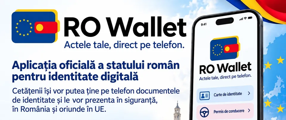 Un smartphone afișează un ecran cu textul RO Wallet și pictograme pentru documente de identitate și permis de conducere pe un fundal albastru.