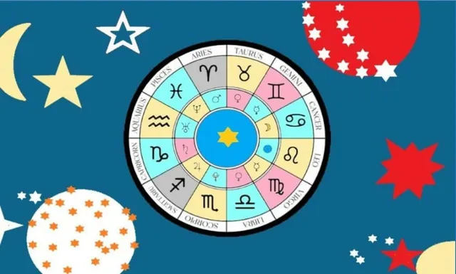 O roată zodiacală colorată este centrată pe un fundal albastru decorat cu diverse stele, un semicerc roșu și un cerc alb cu puncte portocalii.