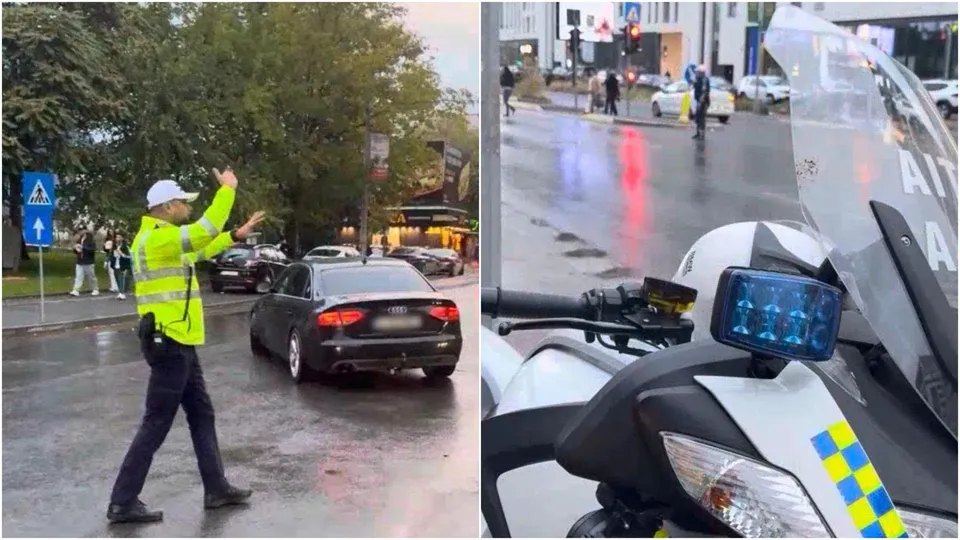 Un polițist cu vestă reflectorizantă verde reglează traficul pe un drum umed lângă mașini, în timp ce în partea dreaptă apare un paravânt de motocicletă.