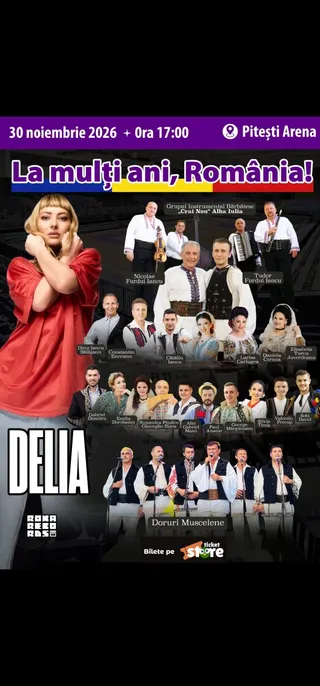 Un afiș de eveniment prezintă un grup de artiști în costume tradiționale și o femeie într-o rochie roșie pe un fundal negru.