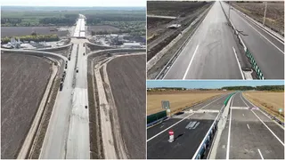 Imagine compusă cu trei cadre arătând porțiuni de drum asfaltat, benzi marcate cu linii albe și zone de teren agricol în apropiere.