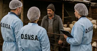 Persoane în costum de protecție cu sigla D.S.V.S.A. pe spate, discutând cu un bărbat lângă un gard cu oi în fundal.