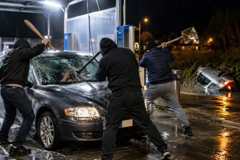 Trei bărbați cu haine închise lovesc un autoturism gri cu obiecte lungi sub lumină artificială noaptea.