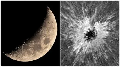 Imagine compusă formată dintr-o lună crescente pe un fundal negru și o imagine de tip crater cu textură radiară albă și neagră.