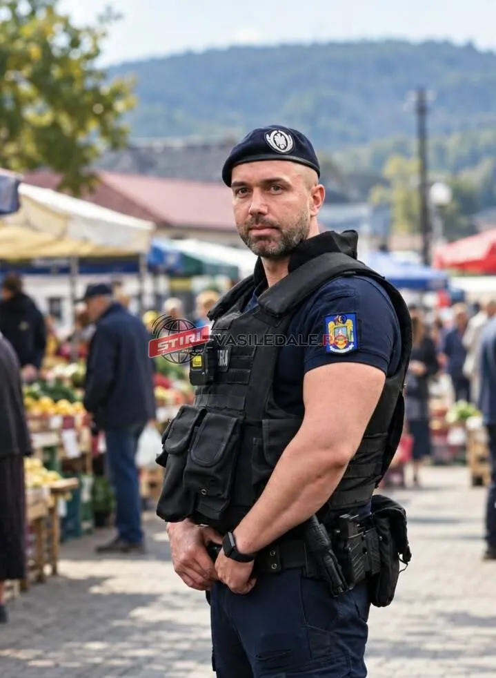 Un bărbat cu barbă poartă o vestă tactică neagră și o beretă neagră, stând într-o zonă deschisă cu oameni și tarabe în fundal.