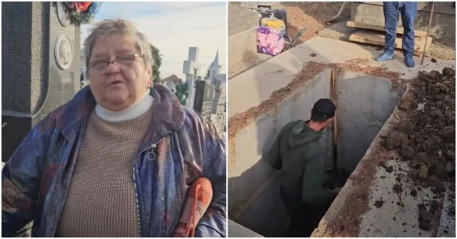 O femeie poartă ochelari și o jachetă colorată, iar în partea dreaptă se observă un bărbat într-o groapă de pământ lângă o roabă.