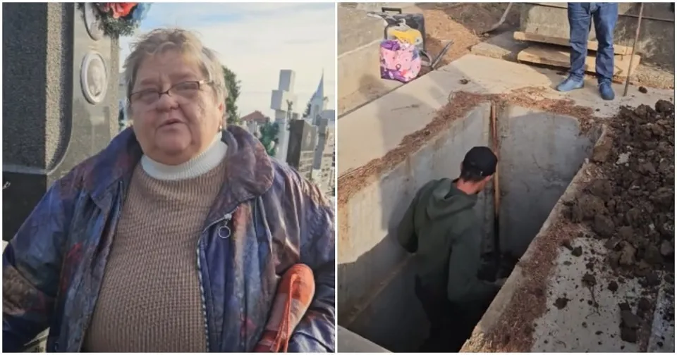 O femeie poartă ochelari și o jachetă colorată, iar în partea dreaptă se observă un bărbat într-o groapă de pământ lângă o roabă.