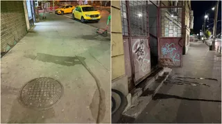 Două imagini de noapte prezintă trotuare cu dâre de lichid și un capac de canalizare pe asfaltul de lângă mașini și clădiri cu graffiti.