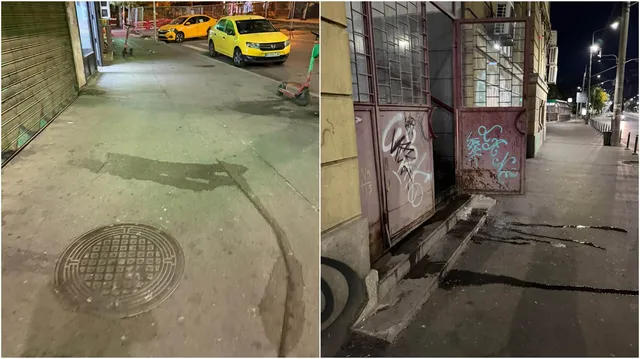 Două imagini de noapte prezintă trotuare cu dâre de lichid și un capac de canalizare pe asfaltul de lângă mașini și clădiri cu graffiti.