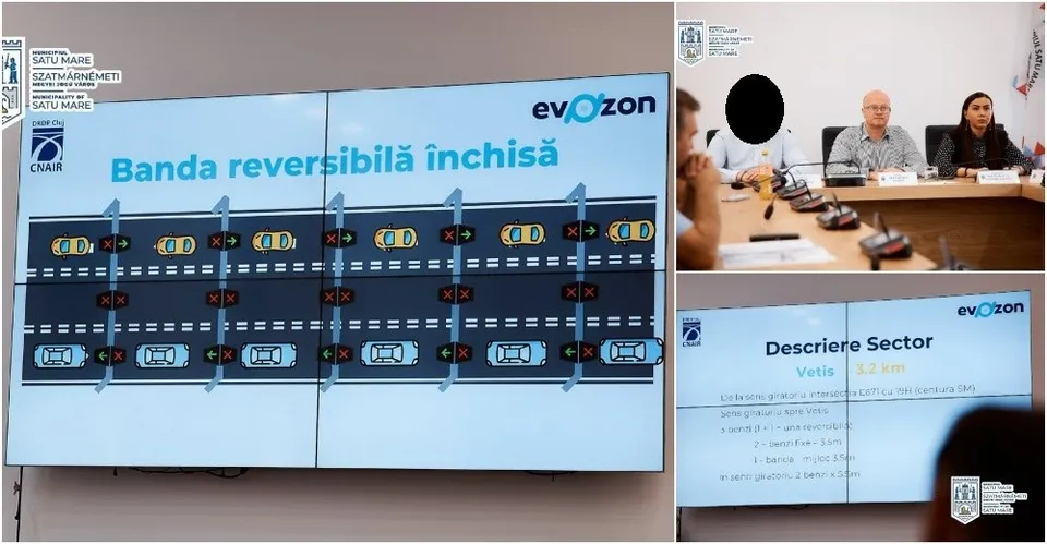 Un ecran mare afișează un diagramă a unei benzi de circulație, în timp ce trei persoane stau la o masă într-o încăpere.