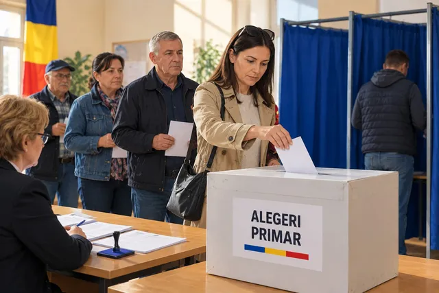 O femeie pune un plic într-o cutie albă pe care scrie ALEGERI PRIMAR, în timp ce alți oameni stau în așteptare în spate.