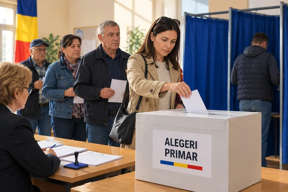 O femeie pune un plic într-o cutie albă pe care scrie ALEGERI PRIMAR, în timp ce alți oameni stau în așteptare în spate.
