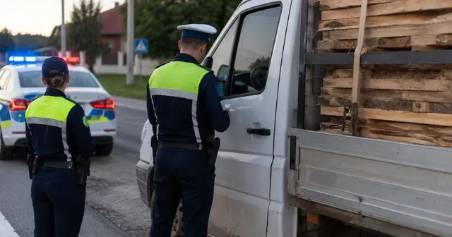 Un polițist și o polițistă stau lângă o autoutilitară albă care transportă scânduri de lemn, în timp ce o mașină de poliție cu girofare este în spate.