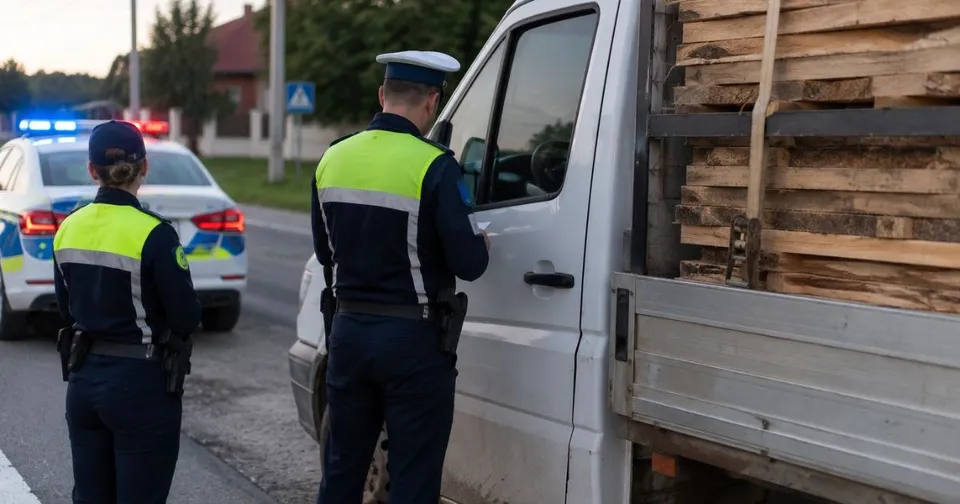 Un polițist și o polițistă stau lângă o autoutilitară albă care transportă scânduri de lemn, în timp ce o mașină de poliție cu girofare este în spate.
