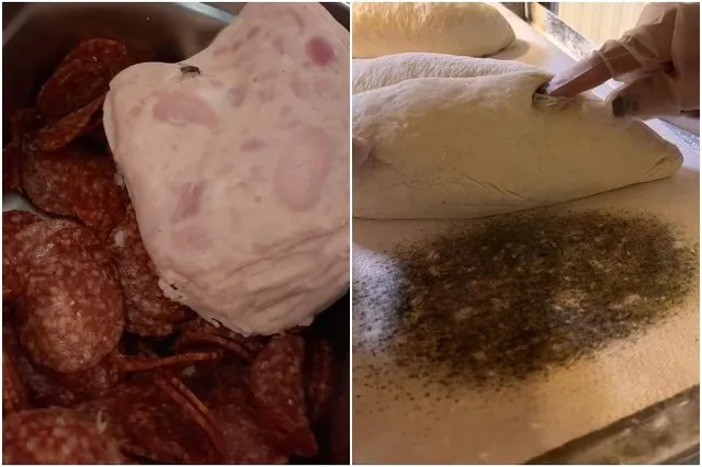 Un colaj prezintă feliile de salam de tip pepperoni lângă o bucată de carne roz și mâini cu mănuși de protecție frământând un aluat.