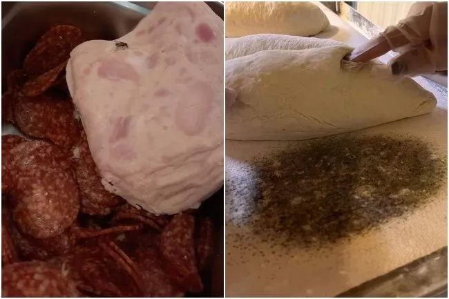 Un colaj prezintă feliile de salam de tip pepperoni lângă o bucată de carne roz și mâini cu mănuși de protecție frământând un aluat.