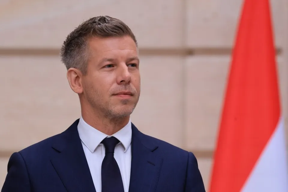 Un bărbat cu părul scurt și gri, purtând un costum închis, cămașă albă și cravată neagră, stă în fața unui fundal de perete și a unui steag.