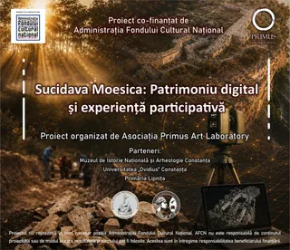 Un afiș informativ prezintă o imagine de fundal cu ruine arheologice, text alb și logouri în partea de sus și de jos.