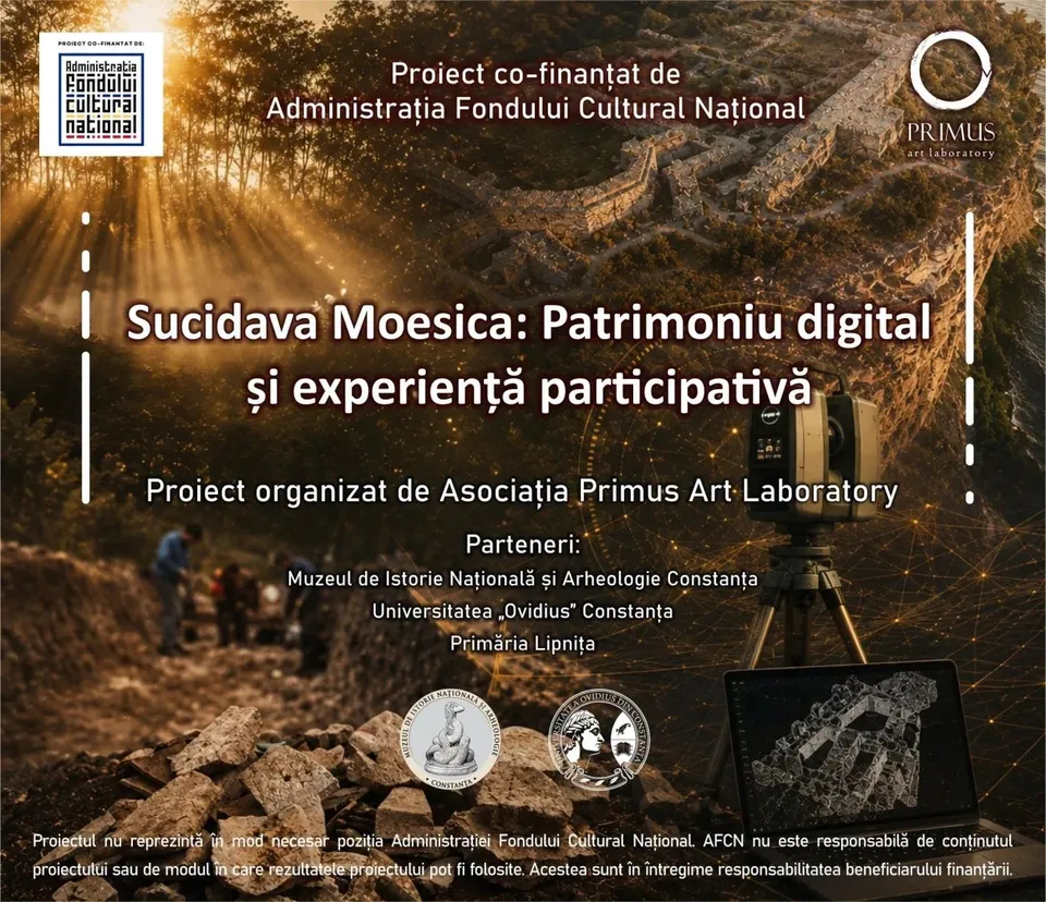 Un afiș informativ prezintă o imagine de fundal cu ruine arheologice, text alb și logouri în partea de sus și de jos.