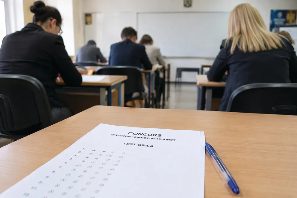 O foaie de test cu cercuri de răspuns și un pix albastru sunt așezate pe o masă de lemn în prim-plan, în fața unor persoane așezate la bănci.