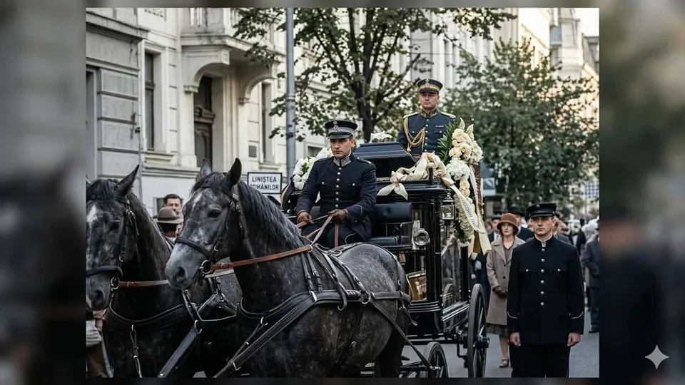 Două cai negri trag o trăsură neagră decorată cu flori albe, însoțite de bărbați în uniforme oficiale pe un drum urban.