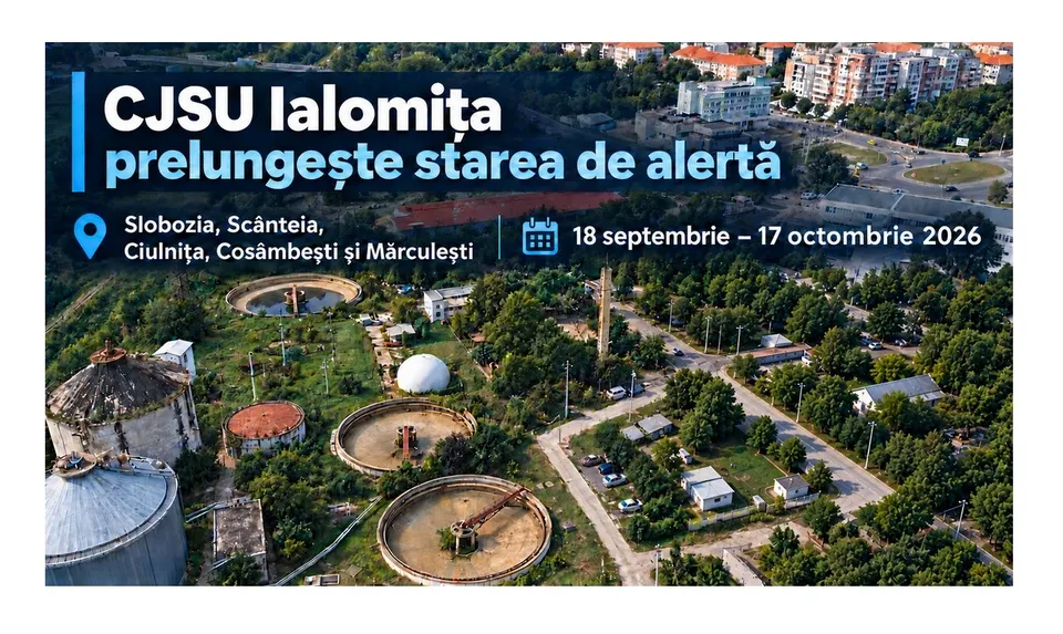 Imagine aeriană a unei stații de epurare cu bazine circulare și rezervoare, înconjurată de vegetație, cu blocuri de locuințe în fundal. Pe imagine este suprapus textul "CJSU Ialomița prelungește starea de alertă" și detalii despre localități și perioada 18 septembrie - 17 octombrie 2026.