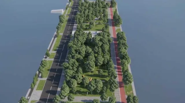 Model 3D al unui spațiu verde urban lung, cu alei, arbori și o bandă roșie, pe fundal de apă.