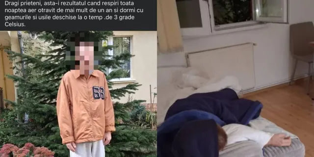 Un bărbat cu o jachetă portocalie stă lângă un conifer, iar în partea dreaptă se vede o persoană întinsă pe un pat sub o pătură.