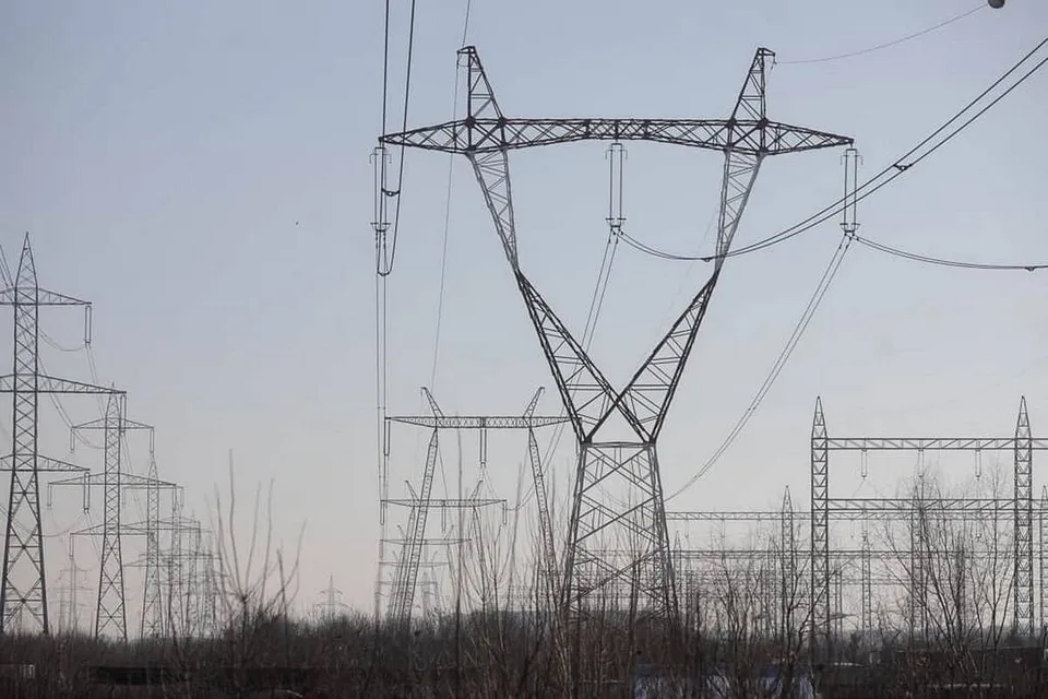 Mai multe turnuri de înaltă tensiune metalice susțin cabluri electrice sub un cer senin, deasupra unor crengi de copaci fără frunze.