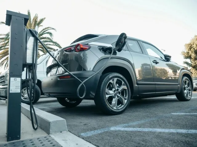 Un autoturism gri este conectat la o stație de încărcare electrică într-o parcare cu palmieri în fundal.
