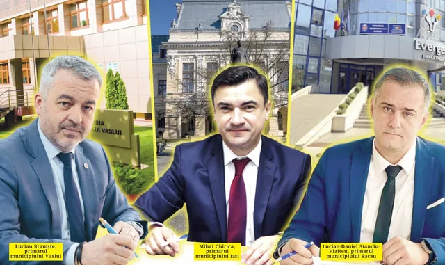 Trei bărbați în costume și cravate sunt așezați în fața unor clădiri administrative, fiind prezentați într-un colaj de fotografii.