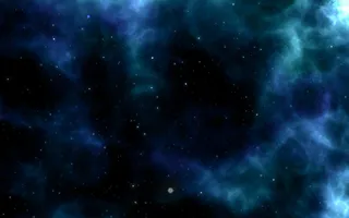 O reprezentare vizuală a unui spațiu cosmic întunecat cu nori de gaz de culoare albastră și numeroase puncte luminoase mici pe fundal negru.