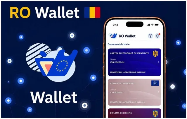 Un smartphone afișează o interfață de aplicație cu text și elemente grafice pe un fundal albastru închis cu forme circulare și textul RO Wallet.