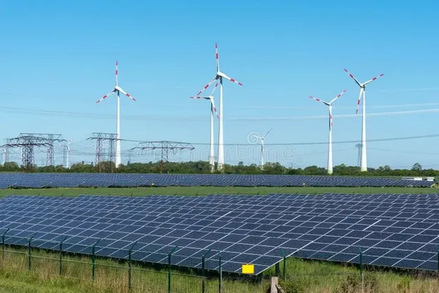 Câmp de panouri fotovoltaice întinde un câmp de iarbă verde sub un cer senin, în fața unor turbine eoliene albe.