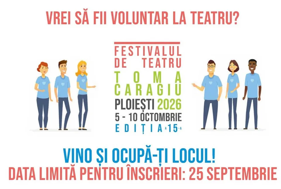 Un afiș alb cu text roșu și albastru, ilustrat cu șase personaje stilizate, trei bărbați și trei femei, în tricouri albastre, promovând voluntariatul la un festival de teatru.