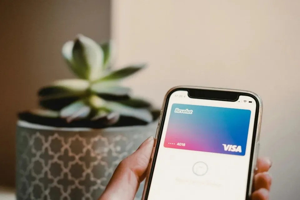 O mână ține un smartphone care afișează o imagine cu un card de plată albastru și violet pe un fundal alb, lângă o plantă mică într-un ghiveci.