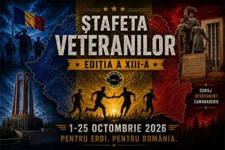 Un afiș cu siluete de oameni care aleargă, un steag, o hartă și un monument sculptat pe un fundal colorat.