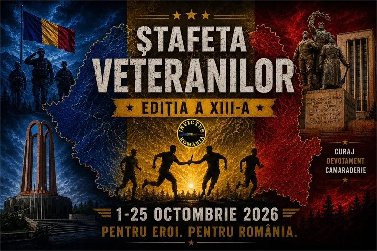 Un afiș cu siluete de oameni care aleargă, un steag, o hartă și un monument sculptat pe un fundal colorat.