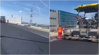 Două imagini suprapuse arată o porțiune de asfalt proaspăt întins, un utilaj de pavaj galben și un lucrător purtând echipament reflectorizant portocaliu.