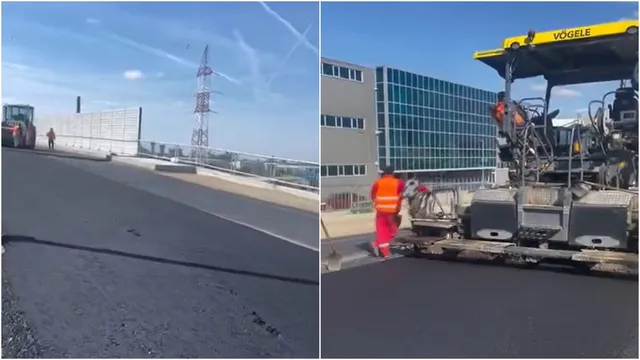 Două imagini suprapuse arată o porțiune de asfalt proaspăt întins, un utilaj de pavaj galben și un lucrător purtând echipament reflectorizant portocaliu.